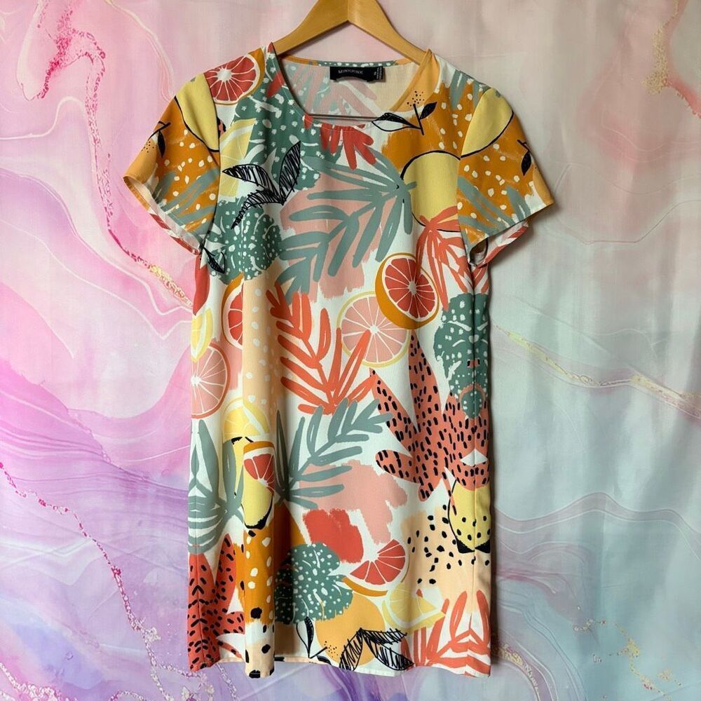 MINKPINK XS Tropical Fruit Print Dress Grapefruit Lemon Orange Artsy Preppy